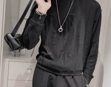 破洞卫衣男士春秋季高级感痞帅圆领长袖t恤男...