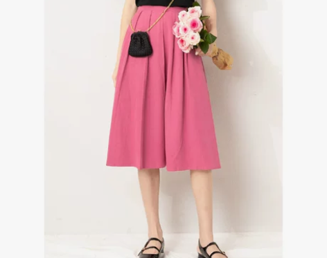 ROCO复古樱花粉高腰a字裙中长款树莓粉色...