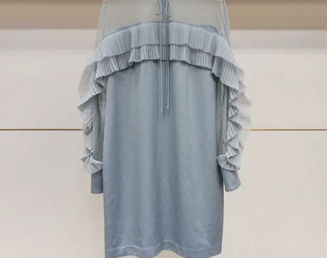 L2019新款女装春装圆领蝴蝶结系带网纱拼...