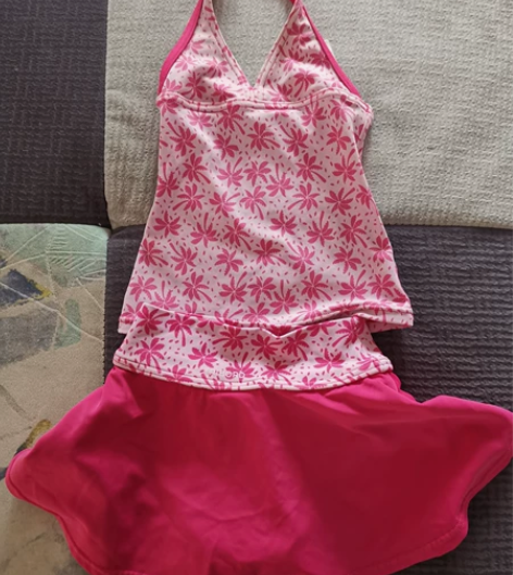 迪卡侬女童幼童分体式游泳衣，玫红色椰子树图...