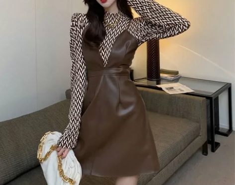 吊带皮裙两件套连衣裙港风套装女复古chic...
