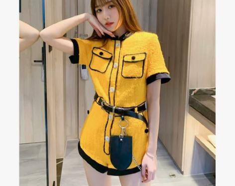 黄色小香风粗花呢连体裤女夏 时尚休闲高腰显...