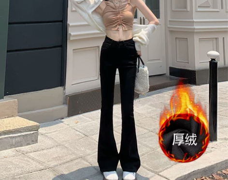 小个子加绒黑色微喇叭牛仔裤女秋冬美式高街修...