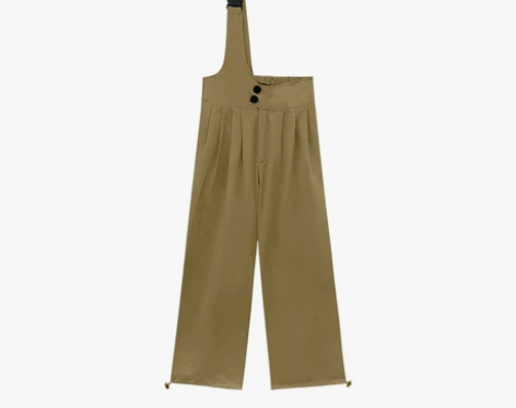 ?卡其色单肩背带裤女夏季薄款宽松阔腿裤子高...