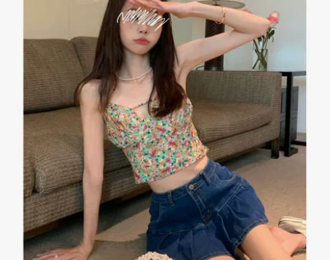 2022年夏季新款碎花吊带背心女外穿v领露...