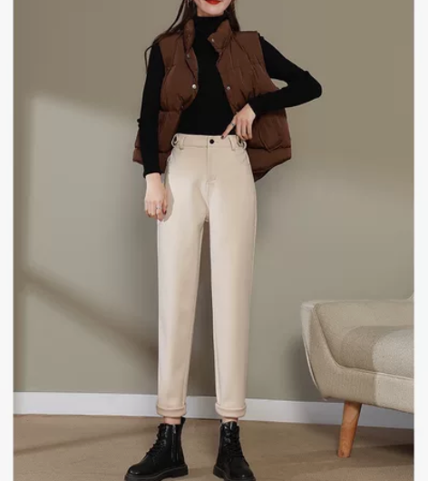 【暖春价】冬季加绒毛呢裤子女秋冬高腰宽松显...