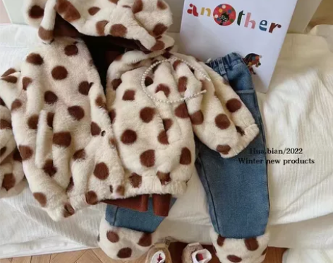 花编咖色波点加绒牛仔裤 80尺码 裤长46...