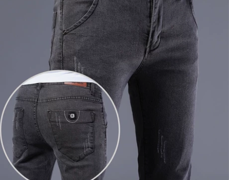 秋冬季新款深灰色牛仔裤男士修身弹力小脚裤子...