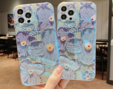 苹果手机油画花朵iPhone13手机壳x蓝...
