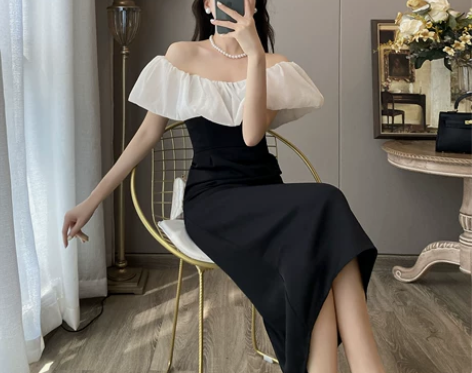 法式复古赫本风小众高级感高腰显瘦一字领连衣...