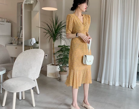 仙女裙chic温柔法式复古雪纺碎花连衣裙女...