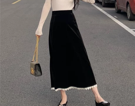 黑色丝绒a字裙复古优雅蕾丝边半身裙女202...