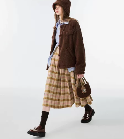 1JINN STUDIO 毛呢格纹百褶中裙...