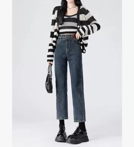 哲娜纯牛仔裤女2022年秋季新款高腰直筒百...