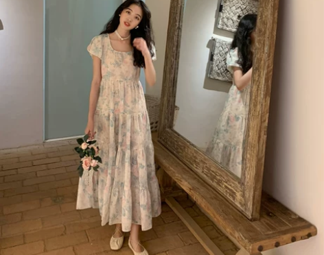 SYT甜美娃娃裙 方领花朵短袖公主连衣裙显...