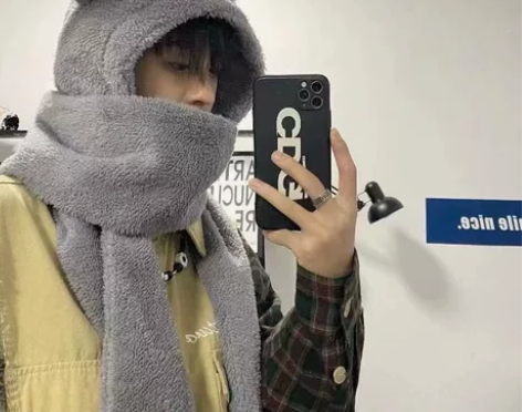 小熊帽子围巾一体男女冬季可爱冬天情侣连帽护...