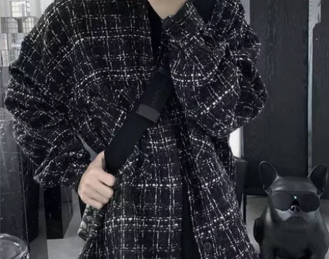 秋季黑白毛呢格子外套男韩版潮流上衣服宽松新...