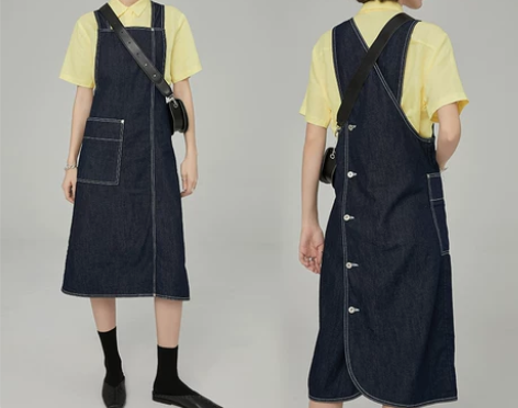 ?范洛2021夏新款宽松复古蓝色连衣裙设计...