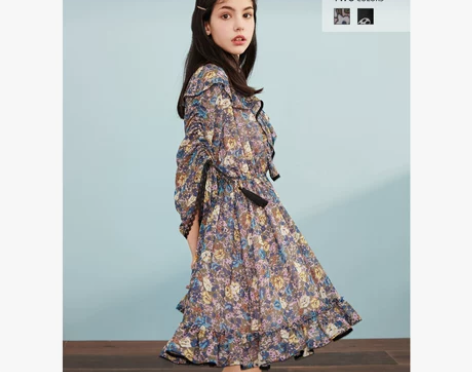 乐町荷叶边雪纺连衣裙春装2020年新款女连...