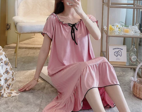 带胸垫睡裙女夏季薄款短袖纯棉家居服春秋甜美...