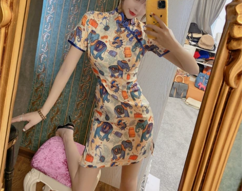 2020年新款女夏装复古文艺卡通旗袍年轻款...