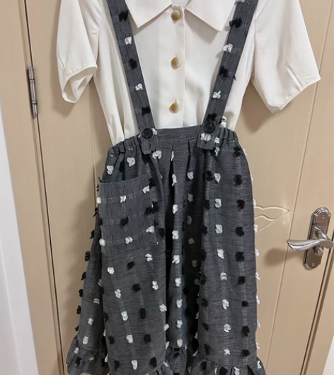 cdg风格通勤千鸟格背带裙两件套淑女白衬衫...