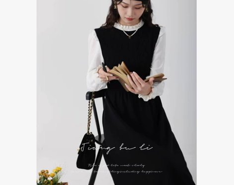 江不离 假两件黑色连衣裙女设计感2022新...