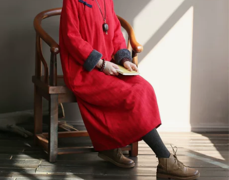 民族风女装秋冬文艺复古大码棉麻连衣裙加绒