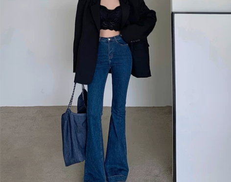 深蓝色牛仔裤喇叭裤子女2022新款夏季高腰...