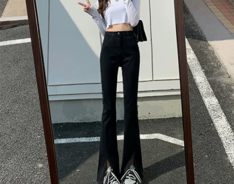 黑色微喇开叉牛仔裤女2022年新款拖地鱼尾...