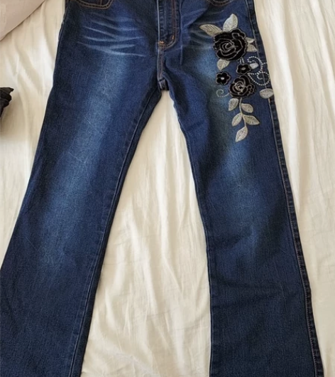 民族风加肥加大码刺绣花微喇叭牛仔裤女装夏季...