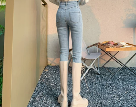 高腰牛仔裤 高腰牛仔裤小脚裤蜜桃臀女小个子...