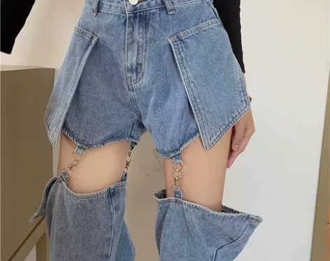 牛仔裤女直筒宽松高腰显瘦裤子 可拆卸当短裤...