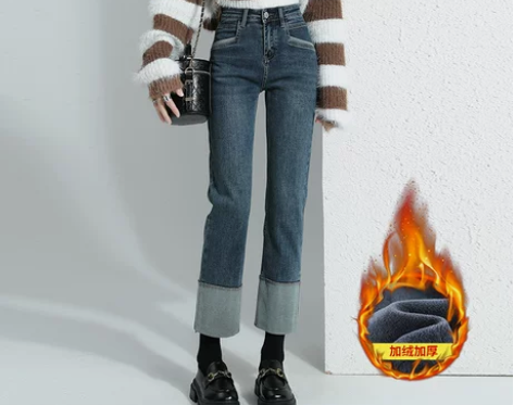 怀旧蓝卷边直筒牛仔裤女秋冬新款高腰加绒加