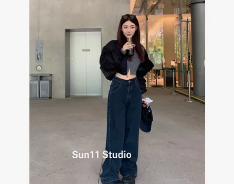 SUN11 深蓝色复古直筒牛仔裤女高腰阔腿...