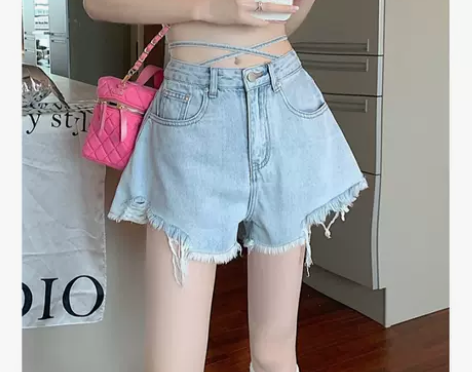 热辣绑带阔腿显瘦毛边牛仔短裤女2022夏季...