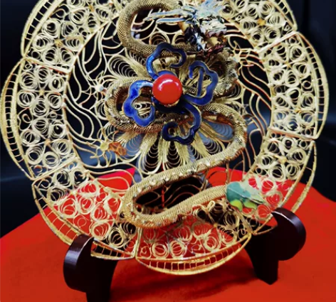 花边景泰蓝龙盘，海外回流，老银花丝镶嵌，铜...