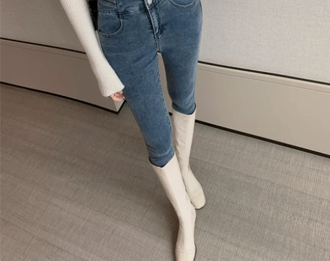 复古蓝超高腰牛仔裤女秋季2022年新款修身...