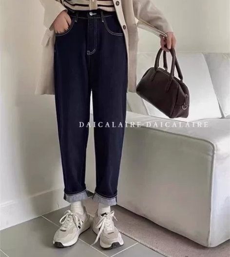 代嘉尔91336加绒牛仔裤女冬季高腰卷边九...