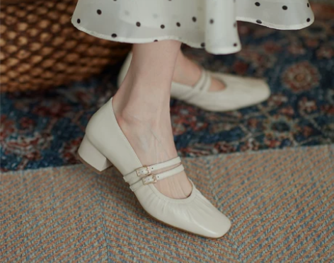 鹿与奈良时尚气质淑女真皮玛丽珍鞋奶奶鞋中粗...