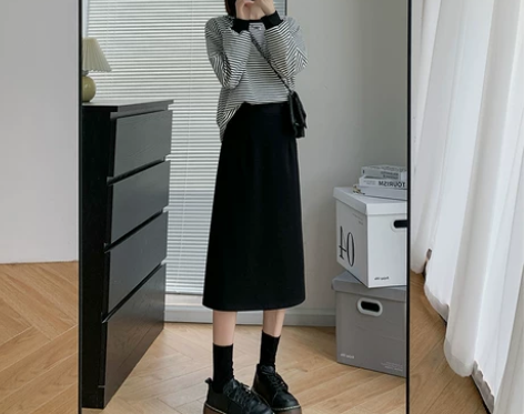 a字裙 高腰开叉毛呢半身裙女秋冬显瘦黑色西...