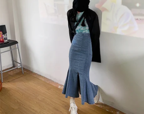 花田 牛仔半身裙女设计感高腰a字裙荷叶边中...