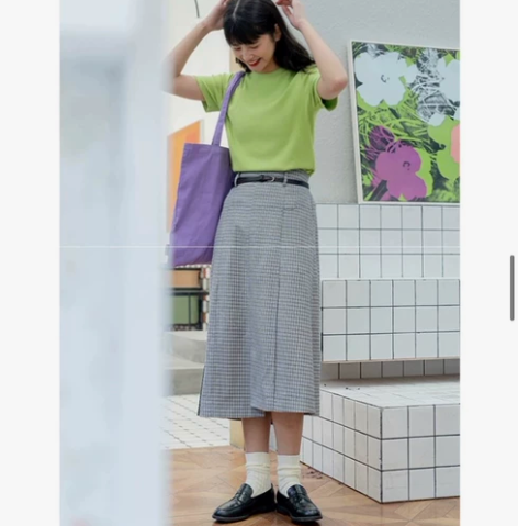 鹿与飞鸟春装文艺风格子A字半身裙松紧高腰拼...