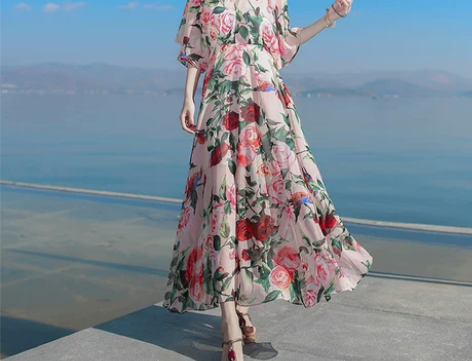 夏季雪纺印花连衣裙民族风裙子法式超仙气质长...