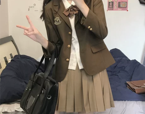 栗子猪JK卡其色百褶裙棕色制服原创正版格