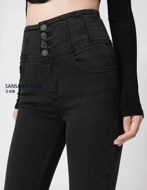 高腰牛仔裤 高腰牛仔裤小脚裤王幼珊黑灰色女...