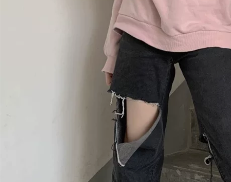 黑色辣妹破洞小个子牛仔裤女夏设计感直筒宽松...