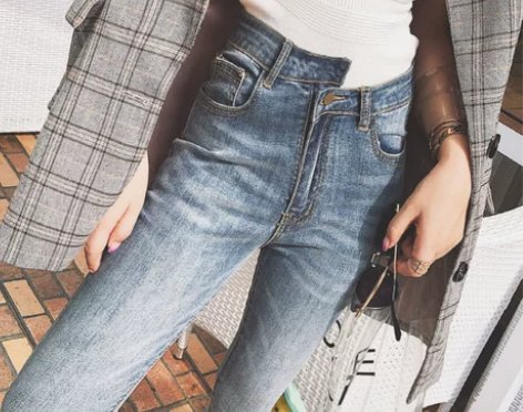高腰不规则网红九分牛仔裤女2021春秋新款...