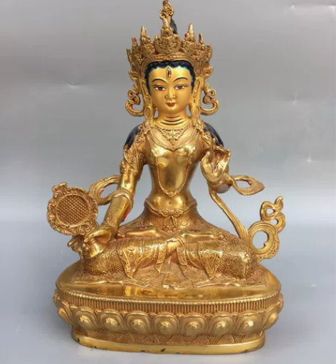 铜鎏金画脸度母佛像，工艺精美，包浆厚重，尺...