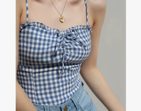 清新少女蓝色格子木耳边吊带背心女胸前系带修...